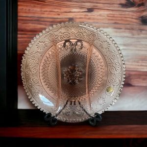 New, Tiara Peach/Pink 12” Round Divided Relish Platter, Item # 10970, With Box.